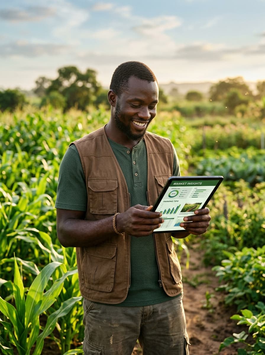 Nigerian farmer learning on a smartphone in the field