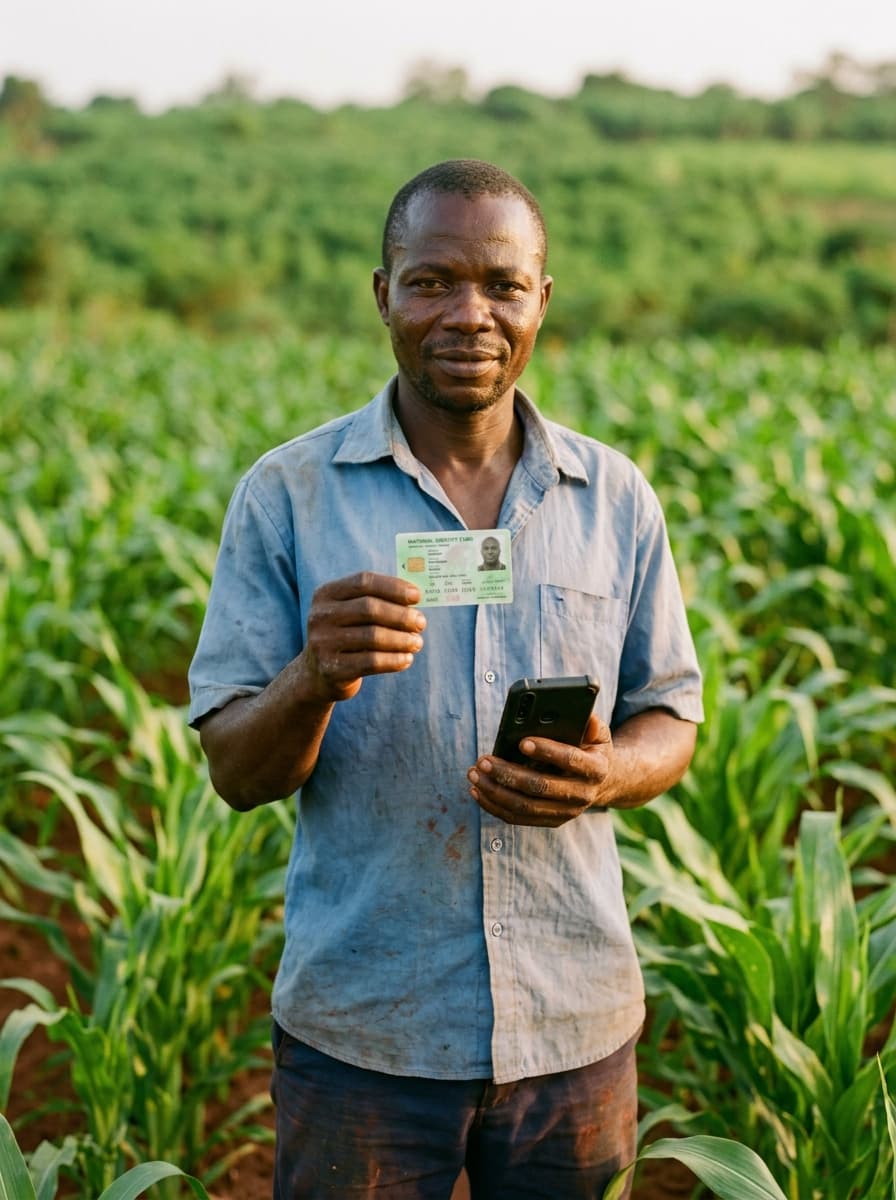 Nigerian farmer holding smartphone and ID card on the farm for verification