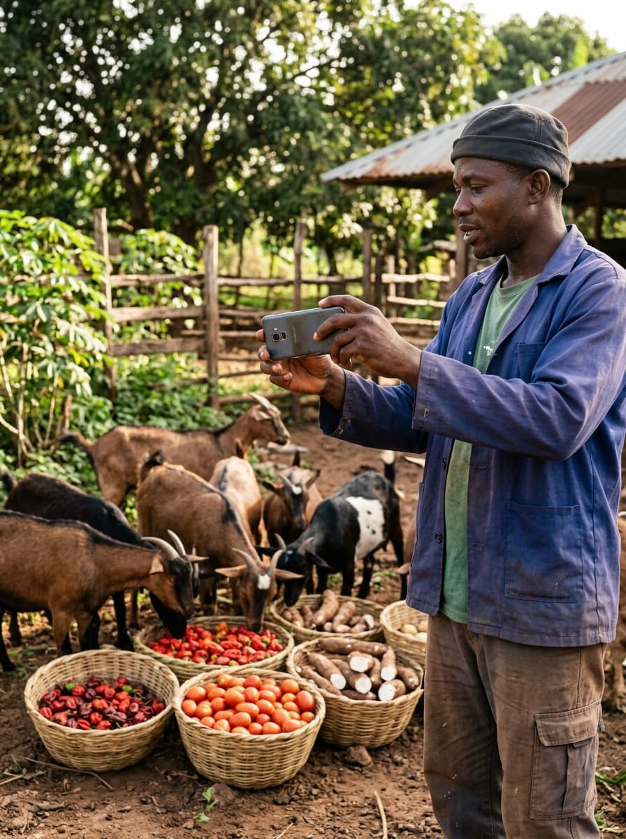 Nigerian farmer recording live video of healthy livestock and fresh harvest