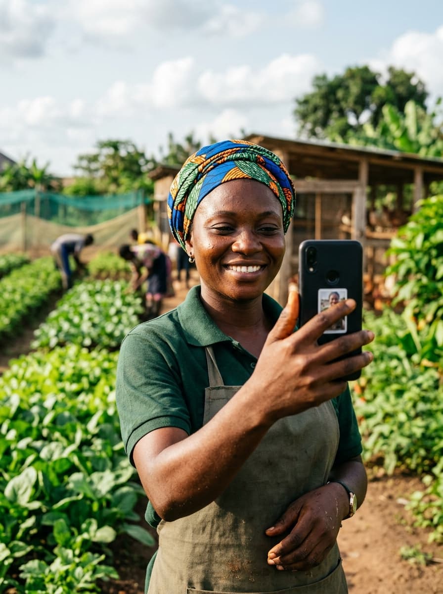 Nigerian farmer taking a live verification selfie on her smartphone in the field