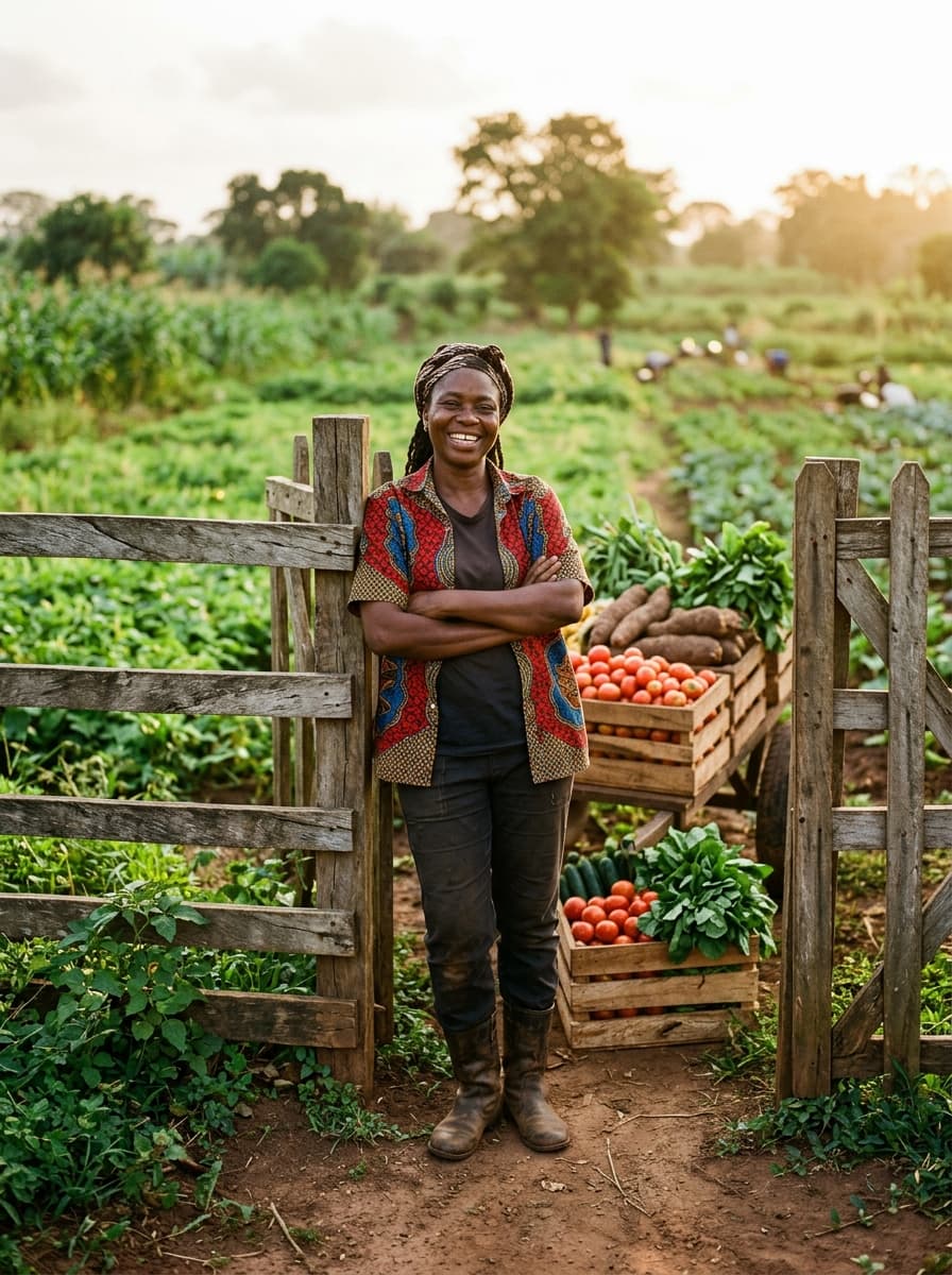 Verified Nigerian farmer standing proudly beside harvested farm produce