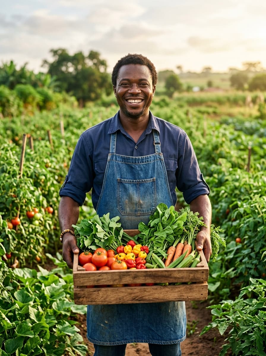 Smiling Nigerian farmer proudly holding freshly harvested produce