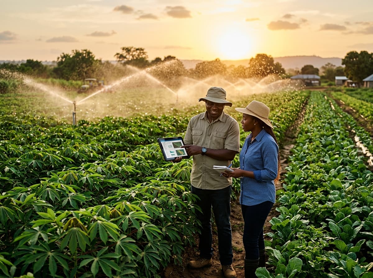 Nigerian farmers verifying their irrigated crop field with a tablet