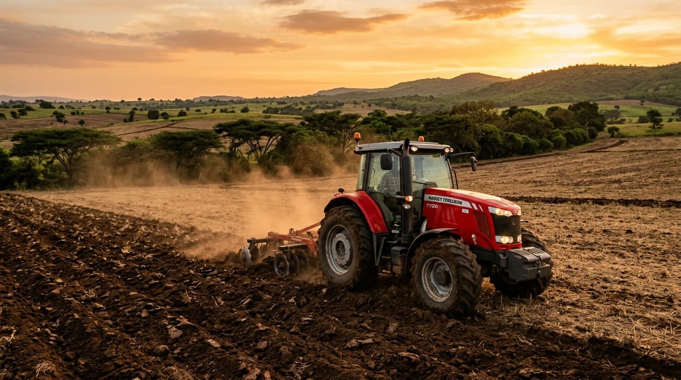Nigerian farmland and tractor at golden hour