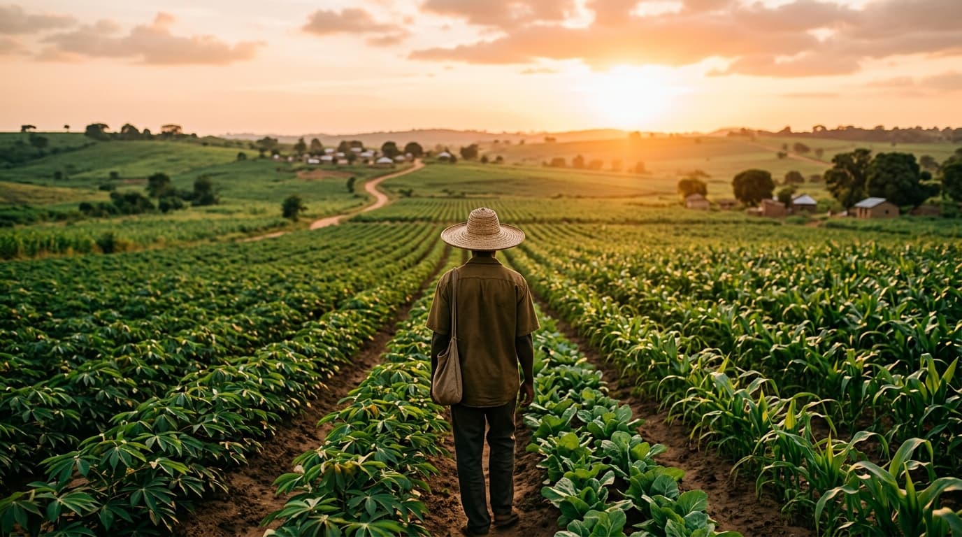 Nigerian farmer standing in lush green crop rows at golden hour