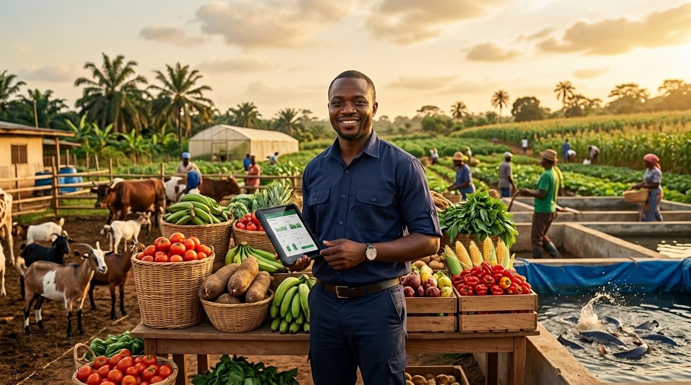 Nigerian agricultural marketplace showing farmer with tablet, fresh produce, livestock, and catfish aquaculture