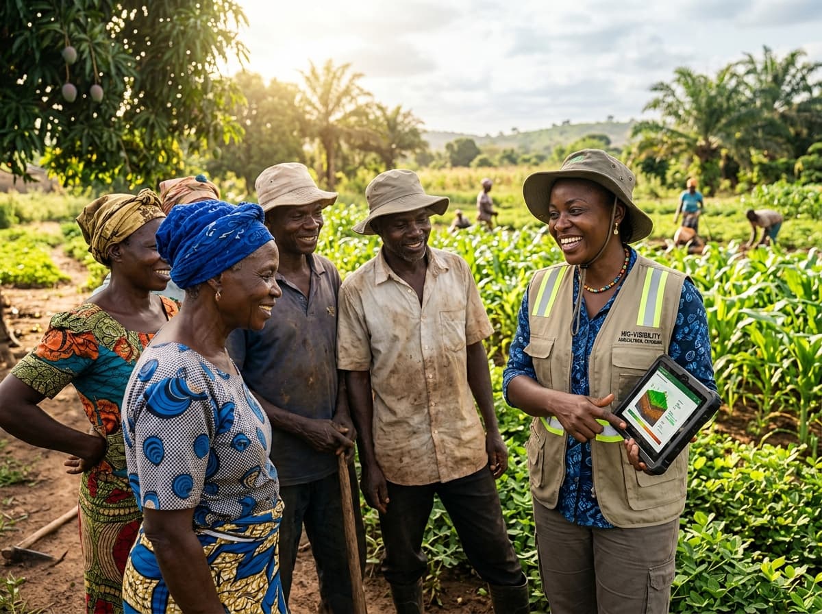 Nigerian agricultural specialist and farmers in a green crop field